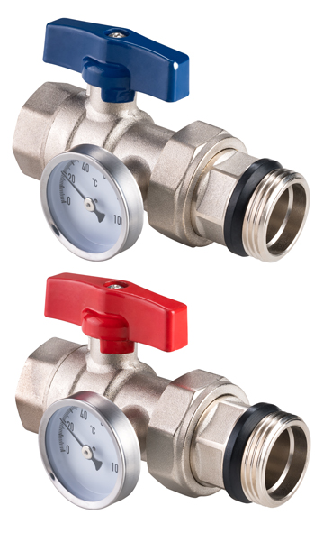 Кран с термометром 1", для коллектора нерж., Grosseto (2 шт ) синяя+красная ручки