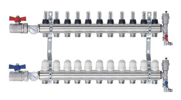Коллекторная группа с расходомерами  TIM 12 х латунь (краны, воздуоотводчики, расходомеры,термометры)