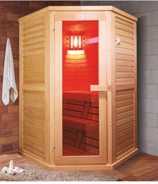 Сауна финская двухместная угл с керам излучателями Inoi 2.5 кВт с трапиком