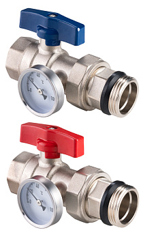 Кран с термометром 1", для коллектора нерж., Grosseto (2 шт ) синяя+красная ручки