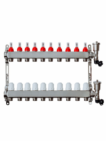 Коллекторная группа Grosseto с расходомерами 1"x3/4" 10 вых.  нерж 10 бар унив. кронштейн, автом. в/о
