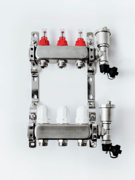 Коллекторная группа Grosseto с расходомерами 1"x3/4" 3 вых.  нерж 10 бар унив. кронштейн, автом. в/о