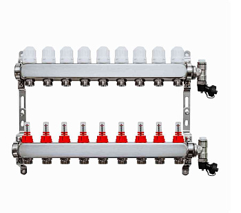 Коллекторная группа Grosseto с расходомерами 1"x3/4" 9 вых.  нерж 10 бар унив. кронштейн, Кран Маевского