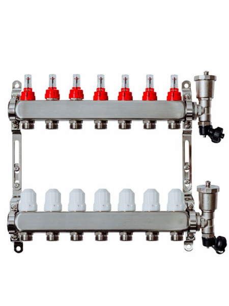 Коллекторная группа Grosseto с расходомерами 1"x3/4" 7 вых.  нерж 10 бар унив. кронштейн, автом. в/о