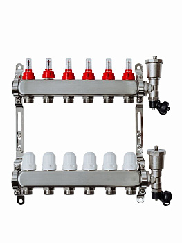 Коллекторная группа Grosseto с расходомерами 1"x3/4" 6 вых. нерж 10 бар унив. кронштейн, автом. в/о