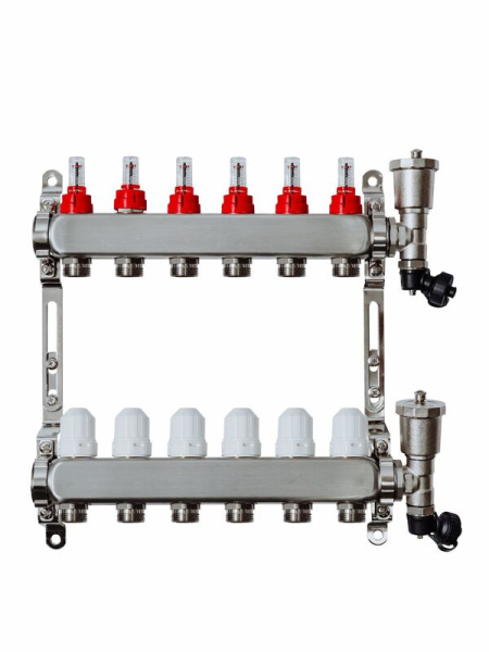 Коллекторная группа Grosseto с расходомерами 1"x3/4" 6 вых. нерж 10 бар унив. кронштейн, автом. в/о