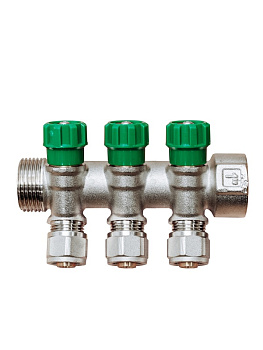 Коллектор Grosseto с кран-буксами 1"-16-3 вых.  (латунь никелированная)