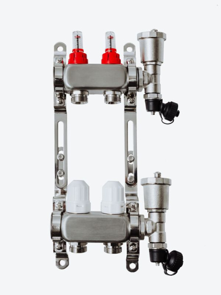 Коллекторная группа Grosseto с расходомерами 1"x3/4" 2 вых.  нерж 10 бар унив. кронштейн, автом. в/о