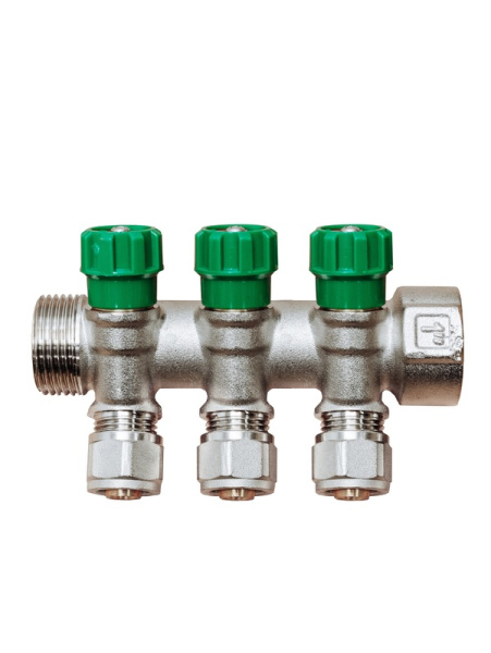 Коллектор Grosseto с кран-буксами 1"-16-3 вых.  (латунь никелированная)