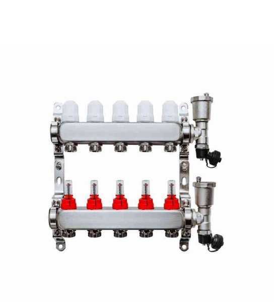 Коллекторная группа Grosseto с расходомерами 1"x3/4" 5 вых.  нерж 10 бар унив. кронштейн, автом. в/о